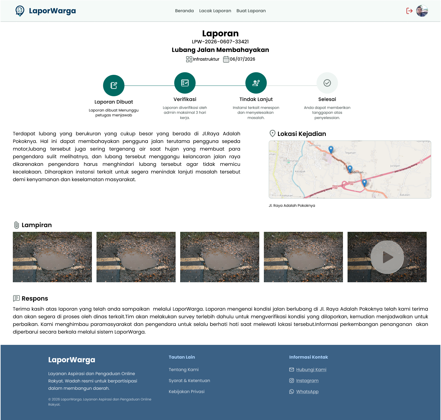 Detail laporan dengan timeline status