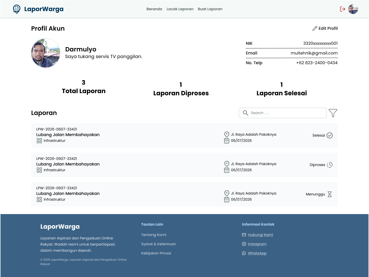 Profil warga dengan daftar status laporan