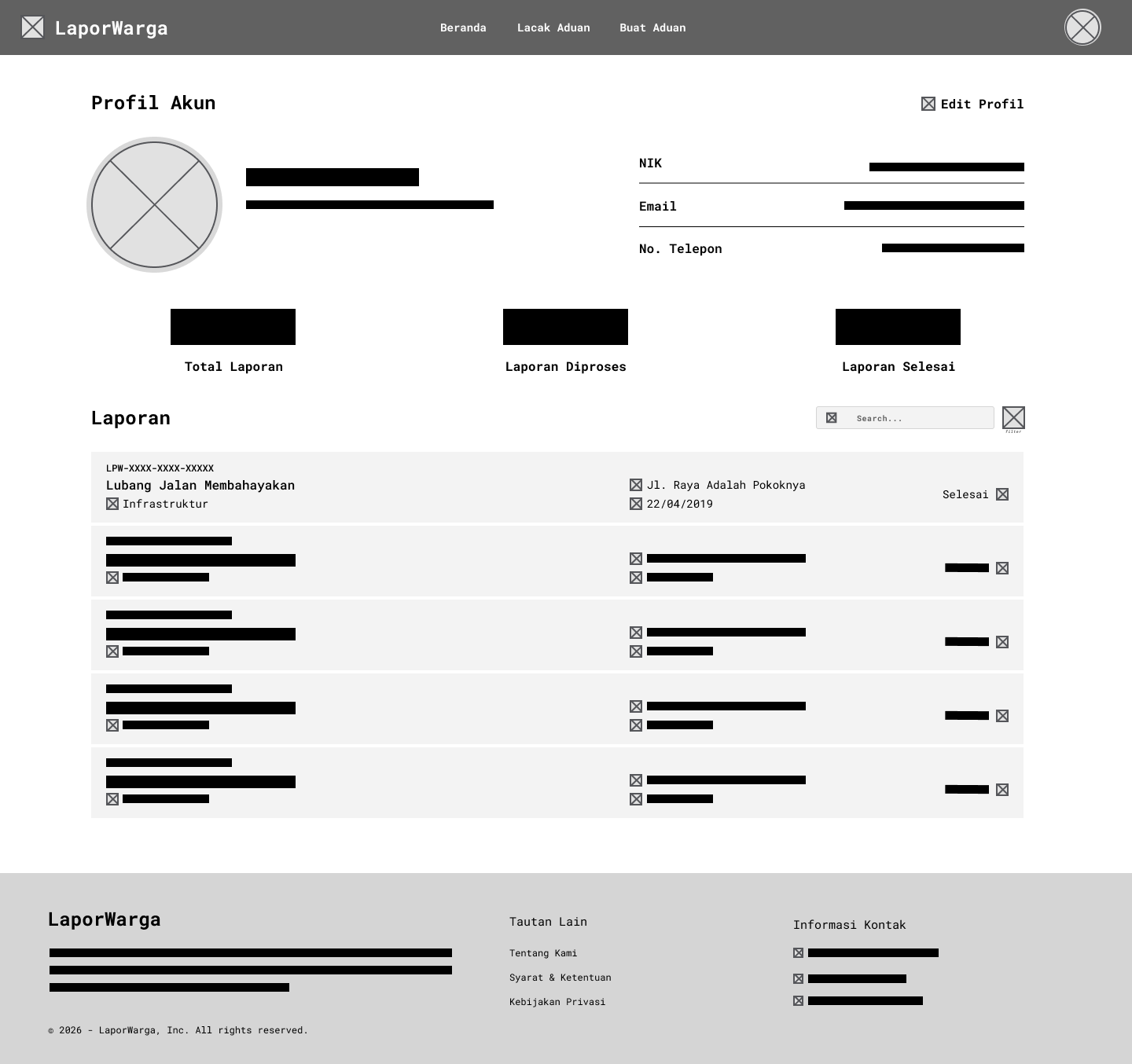 Wireframe lo-fi halaman profil
